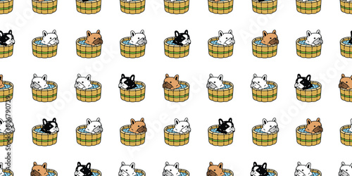 dog seamless pattern french bulldog shower bathing wooden oak bathtub teak puppy vector bone pet toy duck rubber doodle cartoon gift wrapping paper tile background repeat wallpaper illustration scarf  © CNuisin