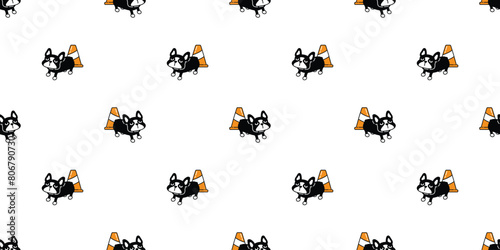 dog seamless pattern french bulldog traffic cone vector cartoon puppy pet doodle tile background gift wrapping paper repeat wallpaper illustration scarf isolated design © CNuisin