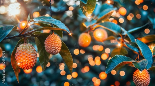   A tight shot of ripe fruits on a tree against a softly blurred backdrop of twinkling lights photo