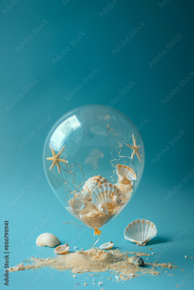 giant transparent balloon with seashells and sand inside on a blue background in a minimalistic style, summer travel, beach party festive concept
