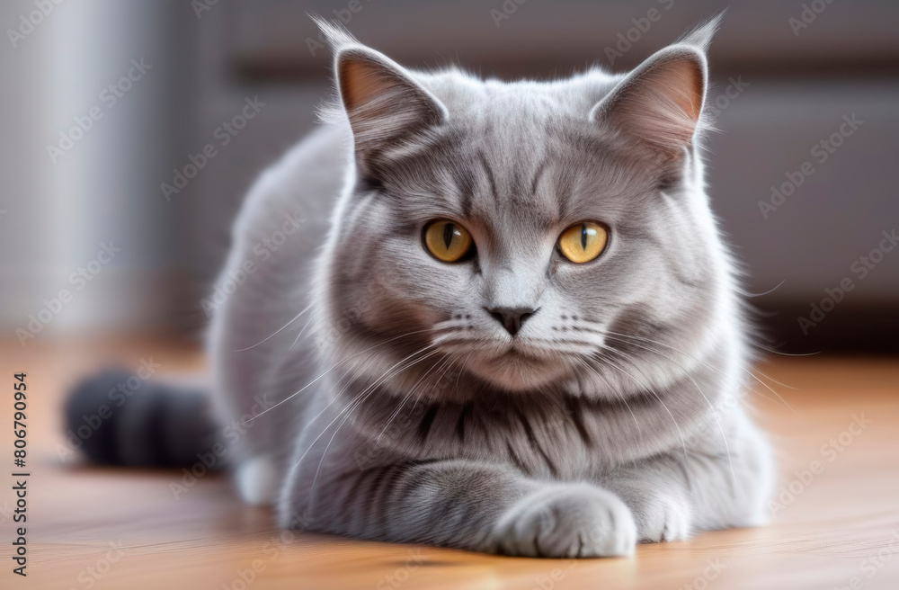 Gray cat with yellow eyes lying on the floor, looking at the camera