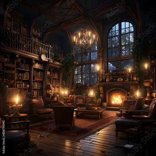 Interior of a cozy living room with fireplace and bookshelf