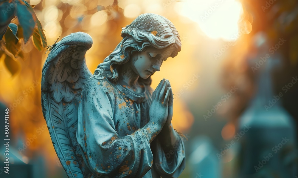 Fototapeta premium Angel statue praying on graveyard close up, Generative AI 