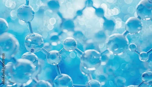 Closeup of molecules in electric blue liquid on transparent background