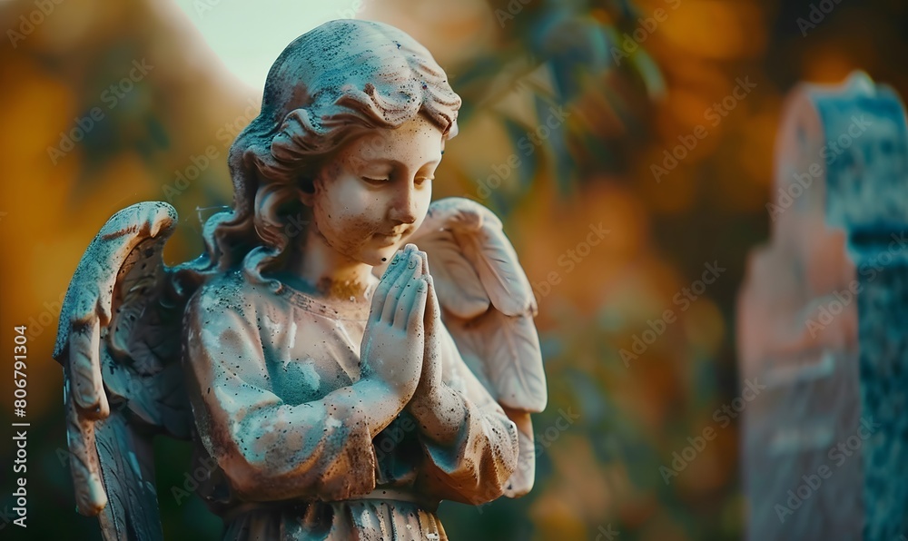Angel statue praying on graveyard close up, Generative AI Angel statue praying on graveyard close up, Generative AI
