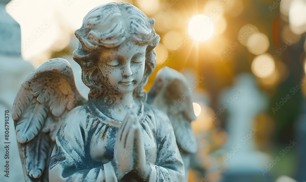 Angel statue praying on graveyard close up, Generative AI 