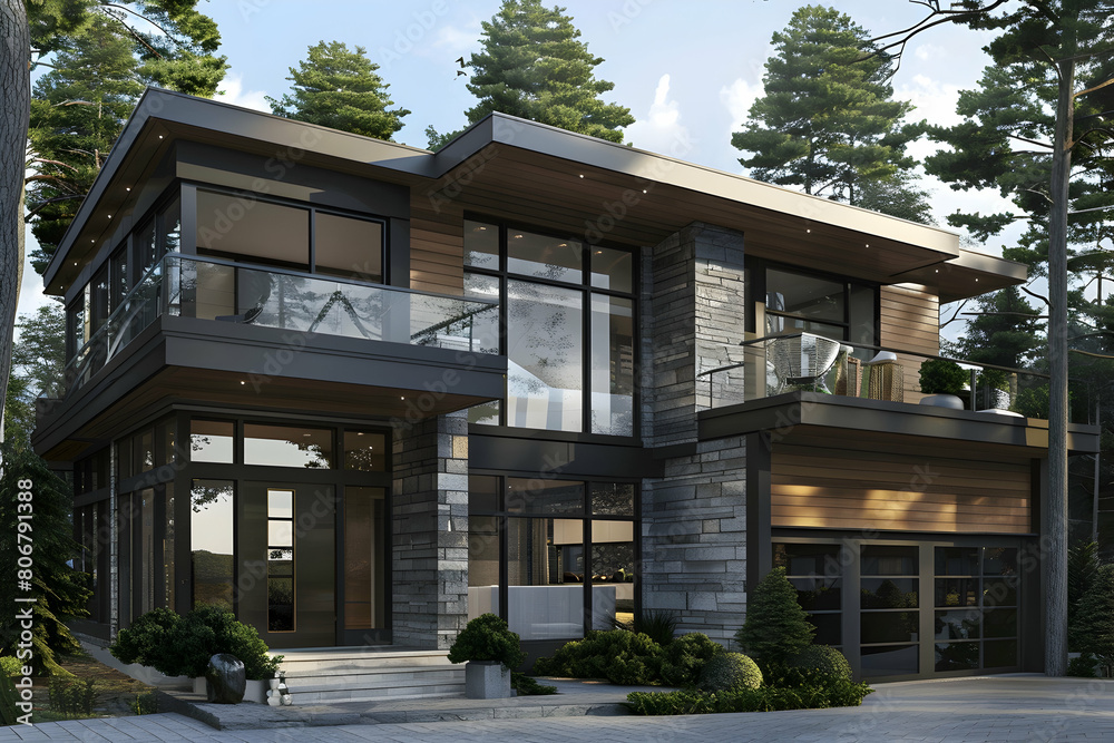 Modern two-story villa, exterior design rendering with glass curtain wall and wooden accents on the facade, and a large garage door at ground level