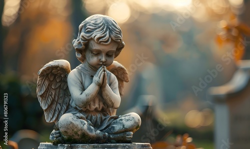 Angel statue praying on graveyard close up, Generative AI 