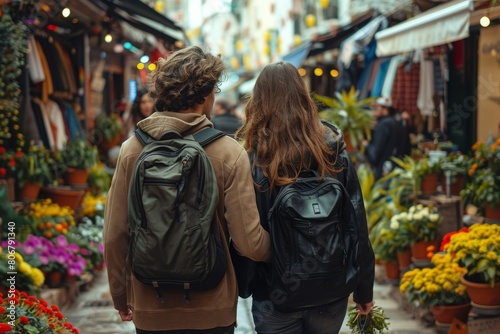 couple with backpacks shopping in the street in a popular market with clothes and plants
