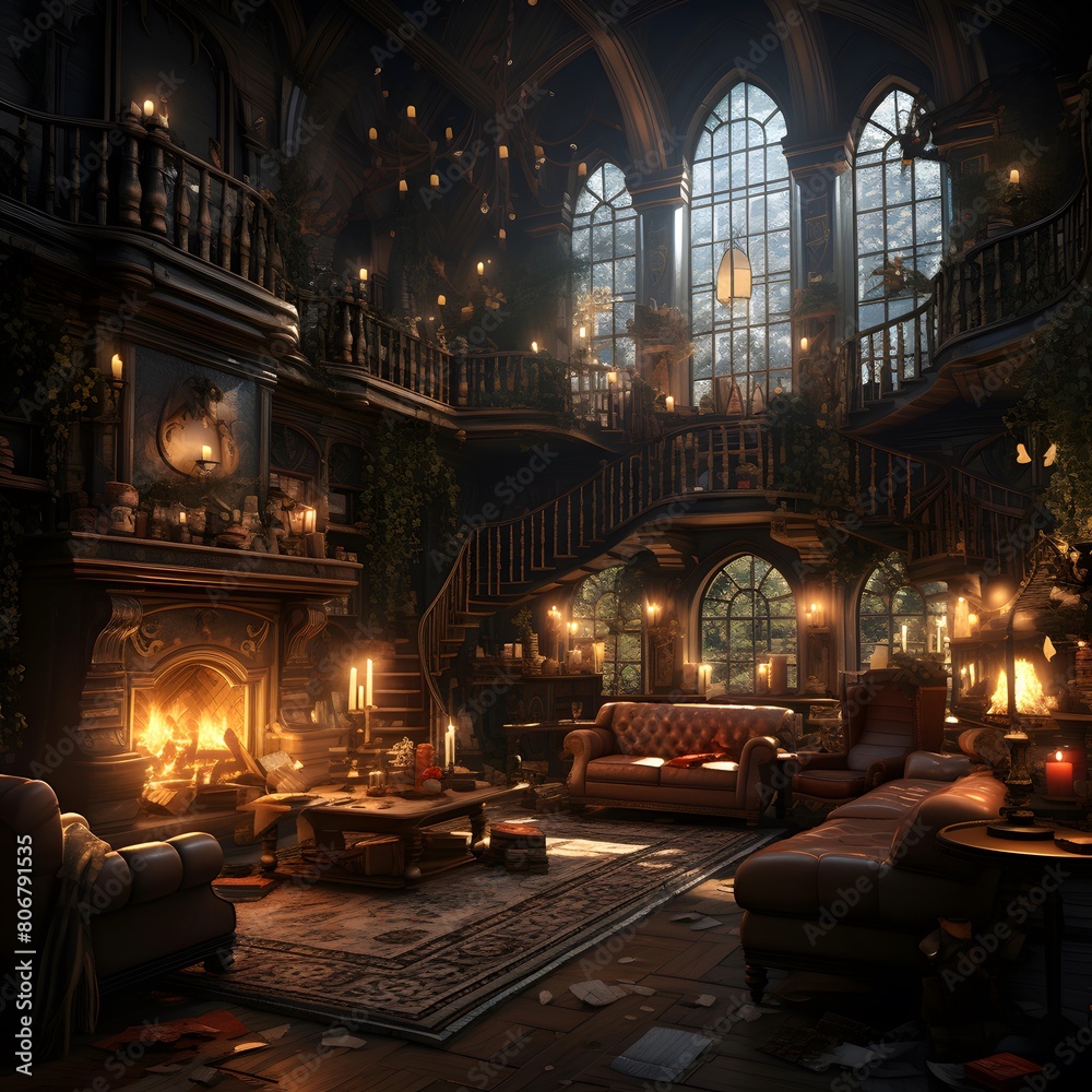 Interior of a house in a fairy tale. 3D rendering