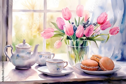 Watercolor illustration of a tea set, macaroons and a bouquet of tulips on the window background. French breakfast.