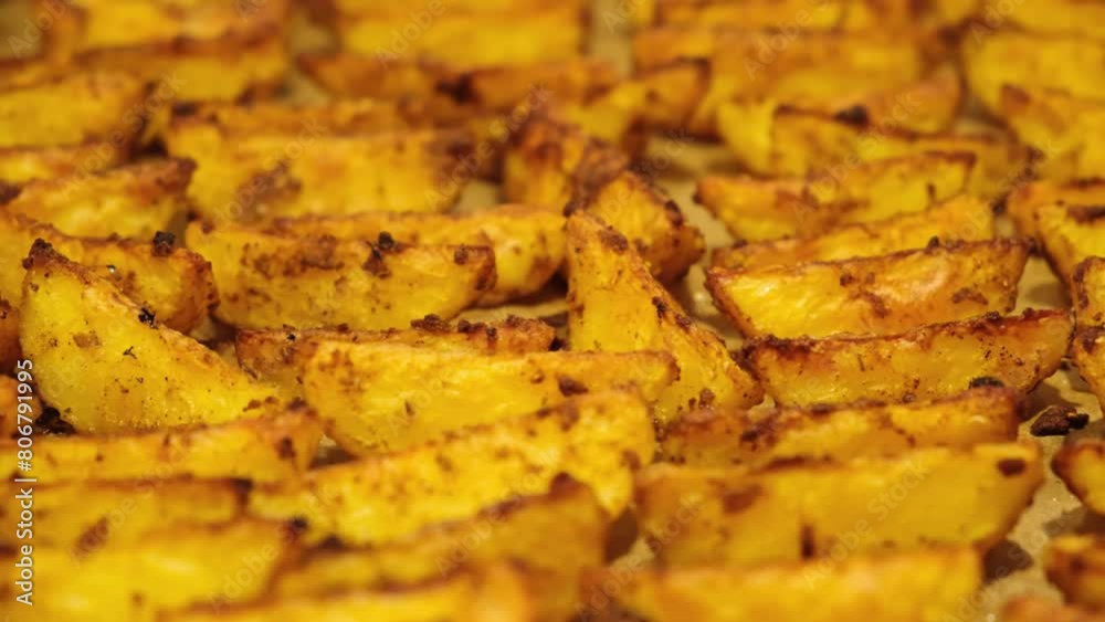 Potato wedges in seasoning are baked in the oven. Tasty cooking. Preparing a side dish of vegetables for lunch. Baking on parchment. High carbohydrate food. Vegetarian dish. No people. 4K footage Potato wedges in seasoning are baked in the oven. Tasty cooking. Preparing a side dish of vegetables for lunch. Baking on parchment. High carbohydrate food. Vegetarian dish. No people. 4K footage