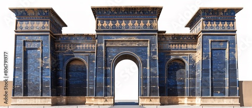 An isolated view of the Babylonian Ishtar Gate, showcasing its majestic design against a white background photo