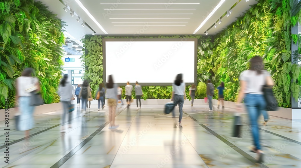 Public shopping center or business mall featuring an empty blank white mockup signboard for advertisements, surrounded by a green living wall, promoting a sustainable and eco-friendly environment