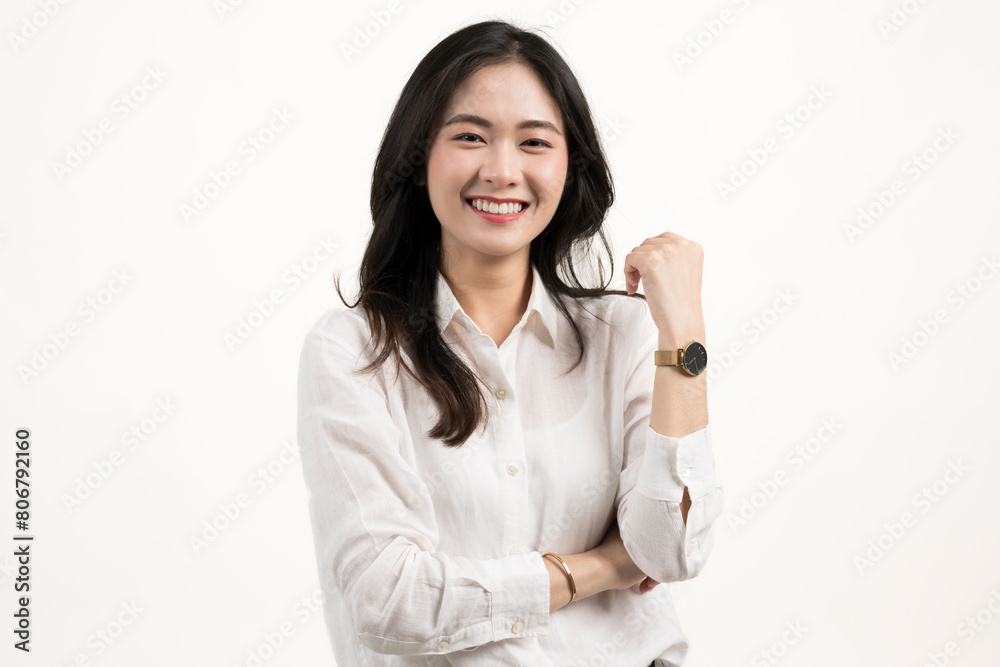 Beautiful smiling young asian woman isolated on white background.Company worker standing over white background.Young businesswoman happy with successful business. Beautiful smiling young asian woman isolated on white background.Company worker standing over white background.Young businesswoman happy with successful business.