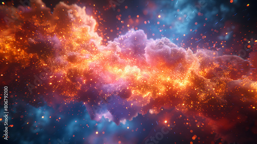A stunning cosmic nebula filled with vibrant glowing particles in space, creating a magical and colorful interstellar scene reminiscent of a galaxy or star-forming region