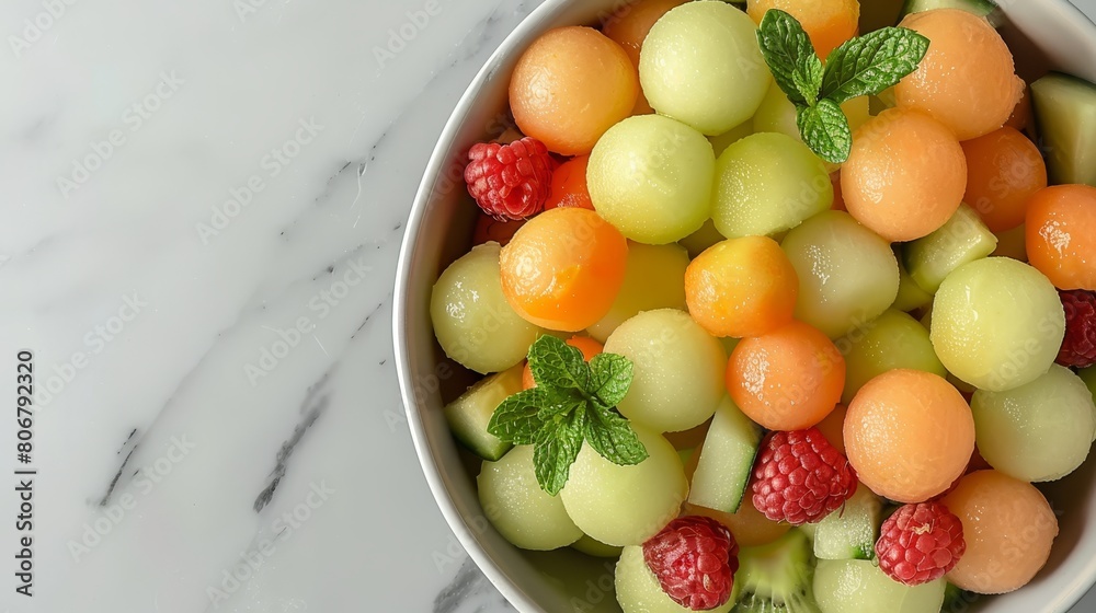   A white bowl, brimming with an array of fruits – raspberries, oranges, and limes – atop a pristine white marble counter