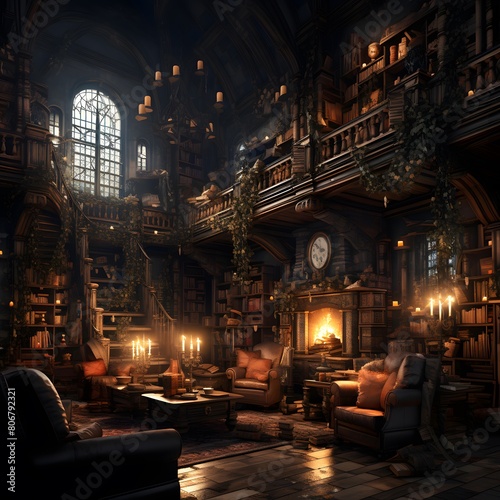 Interior of a room with a fireplace and a bookcase. © Michelle