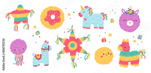 Holiday Mexican pinatas. Kids birthday party colorful accessories. Paper containers with sweets or confetti. Cute animal shapes. Carnival toys. Traditional celebration. Garish vector set