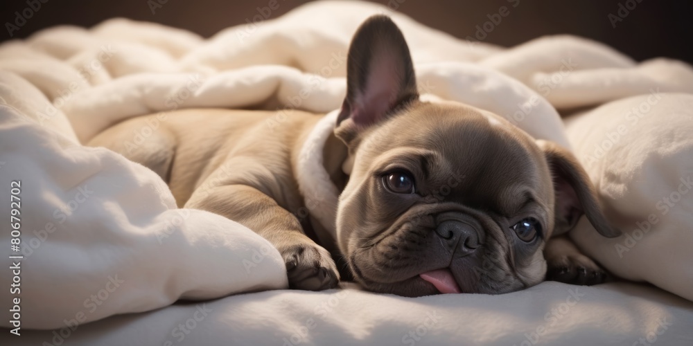 a very cute french bulldog puppy is sleeping soundly and with a smile on top of a cozy puppy bed a very cute french bulldog puppy is sleeping soundly and with a smile on top of a cozy puppy bed