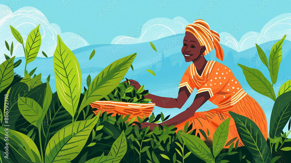 Fototapeta premium African woman harvests tea at a plantation in Kenya. Copy Space. International Tea Day concept.