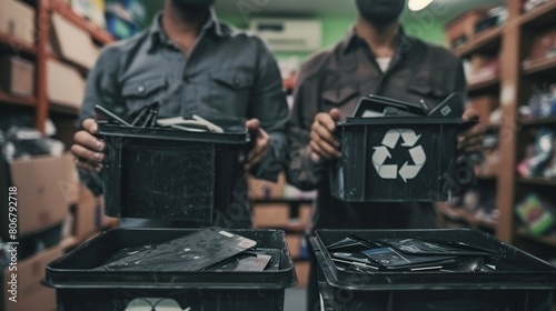 In corporate responsibility efforts, ecobusinesses adopt policies on electronic waste management, emphasizing reuse, reduce, and recycle for a sustainable environment photo
