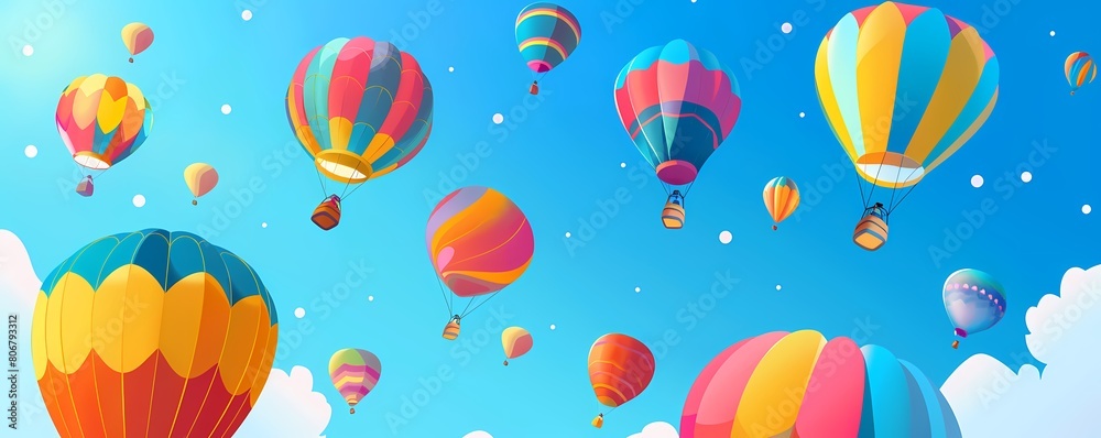 Fototapeta premium Colorful hot air balloons in the sky illustration with copy space. Aerostat festival. Travel agency or adventure tour banner. Vacation trip.