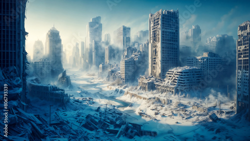 Fototapeta Naklejka Na Ścianę i Meble -  Post-apocalyptic image of  ruins of modern city during nuclear winter, depicting skyscrapers covered in snow and ice, creating chilling desolate scene.