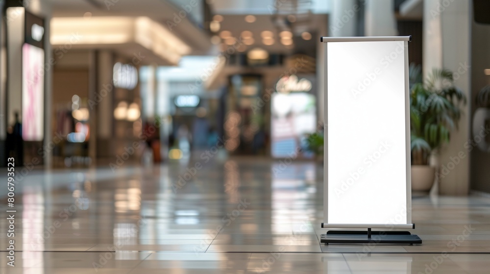 Shopping center or business mall featuring a large, high-visibility advertisement board. This blank white mockup signboard offers copy space for showcasing sales and promotional advertisements. Shopping center or business mall featuring a large, high-visibility advertisement board. This blank white mockup signboard offers copy space for showcasing sales and promotional advertisements.