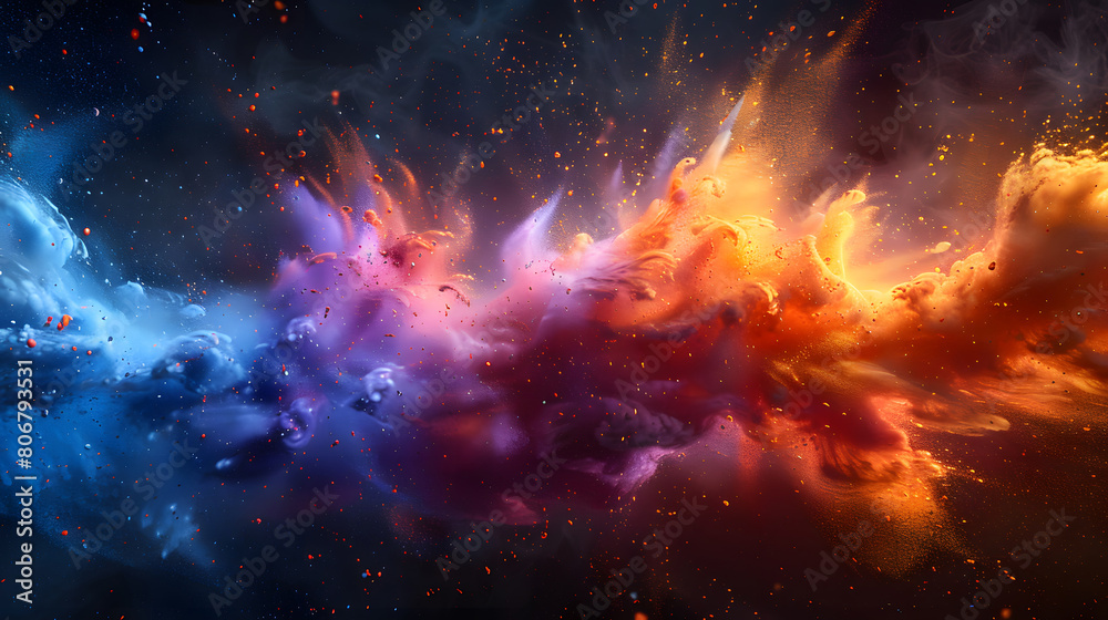 An abstract image of a colorful interstellar cloud filled with explosive energy, depicting a stunning cosmic scene with vibrant hues and dynamic particles