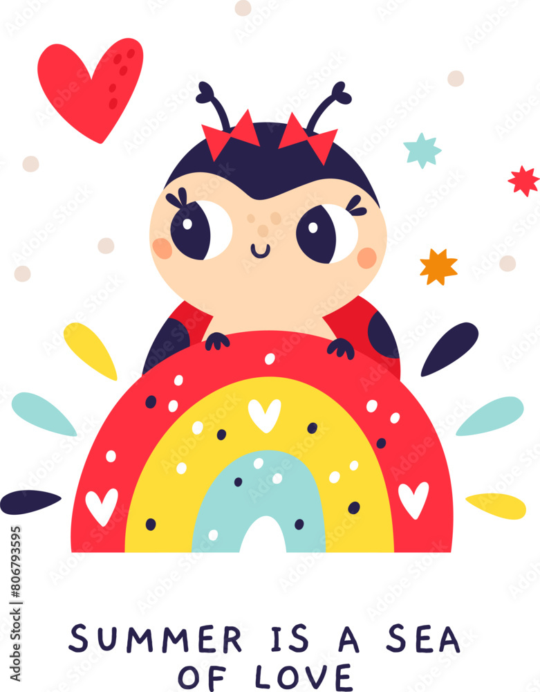 Cartoon ladybug card. Cute kids character. Little beetles with polka dot. Ladybird on rainbow. Love heart. Red insects smile. Children holiday. Happy animal. Summer vector poster design Cartoon ladybug card. Cute kids character. Little beetles with polka dot. Ladybird on rainbow. Love heart. Red insects smile. Children holiday. Happy animal. Summer vector poster design