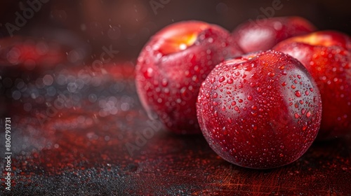  A red apple group sits atop a rain-covered table, its black surface beneath