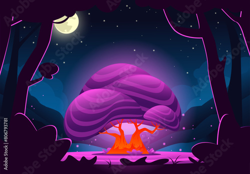 Cartoon fairytale forest landscape. Magic big tree bizarre shape. Fantasy night glade. Purple luminous plant. Mystical scenery. Midnight sky. Game botanical elements. Vector background © VectorBum