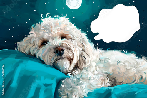 Illustration of a dog sleeping in the bed under the moonlight