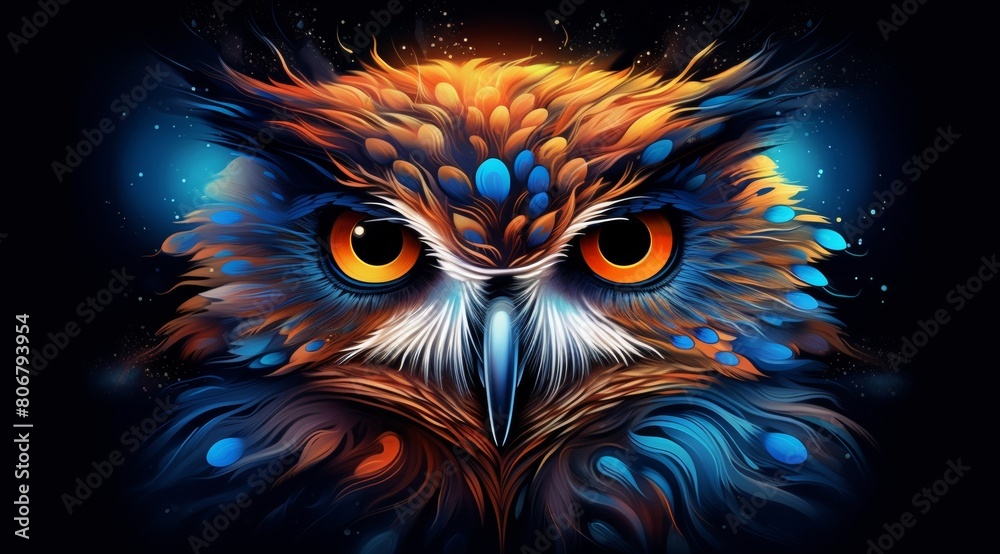 an abstract owl portrait, where vibrant double exposure paint techniques converge to create a mesmerizing portrayal of this iconic creature.