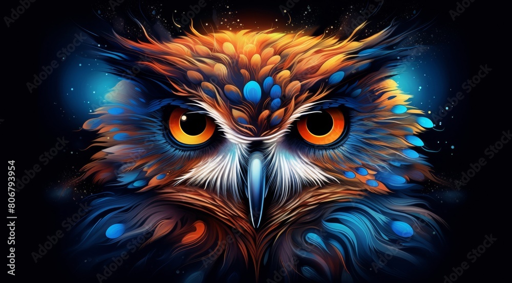 an abstract owl portrait, where vibrant double exposure paint techniques converge to create a mesmerizing portrayal of this iconic creature. an abstract owl portrait, where vibrant double exposure paint techniques converge to create a mesmerizing portrayal of this iconic creature.