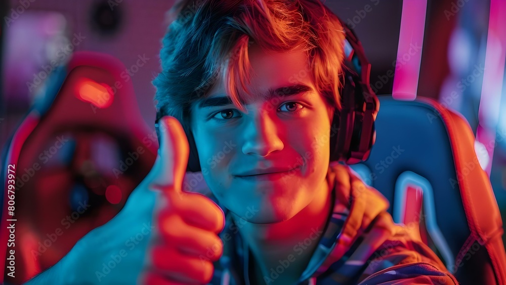© Anastasiia - Thumbs up from a young game streamer in a neon studio. Concept Neon Studio Photoshoot, Gaming Streamer, Young Content Creator, Thumbs Up Pose © Anastasiia - Thumbs up from a young game streamer in a neon studio. Concept Neon Studio Photoshoot, Gaming Streamer, Young Content Creator, Thumbs Up Pose