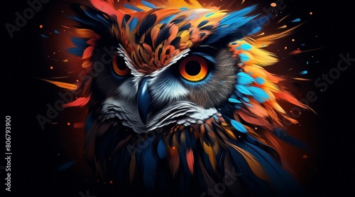 an abstract owl portrait, where vibrant double exposure paint techniques converge to create a mesmerizing portrayal of this iconic creature. © Surachetsh