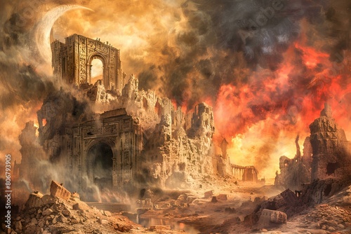 Apokalipsa - pożoga w ruinach starożytnego miasta