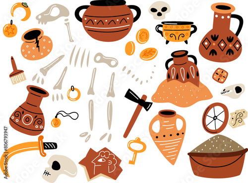 Cartoon archeology. Paleontology expedition. Ancient earthenware. Dinosaur skeleton. Skull and bones. Equipment for excavations. Historical artifacts. Vector archeological elements set © VectorBum