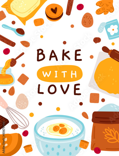 Bakery card. Pastry baking. Love cooking. Sweet cakes or cookies. Kitchen ingredients and accessories. Food products. Culinary kitchenware. Baked muffin. Dessert preparing vector banner