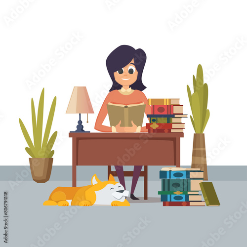 Girl reading happy female book lover sitting at table and reading books