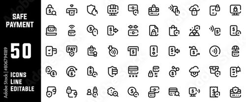 50 Safe Payment Icons Set Line Editable Vector Illustration