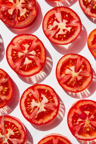 pattern of tomato slices, their translucent red surfaces reflecting light and creating intricate patterns on the white background