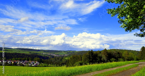 herrliches Panorama im Schwarzwald vom Höhenweg  auf Wald und grüne Wiesen unter weißen Wolken photo