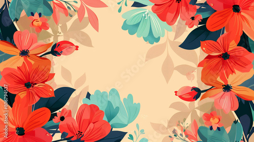 Floral frame made from red summer flowers on a beige background. Poster, banner, greeting card design. Copy space.