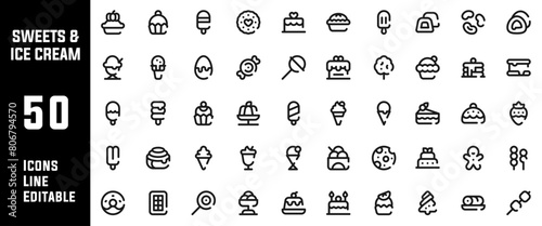 50 Sweets and Ice Creams Icons Set Line Editable Vector Illustration