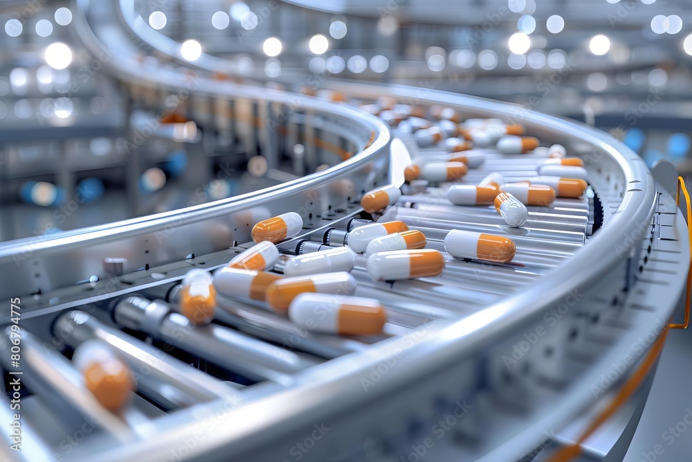 hightech pharmaceutical factory with efficient conveyor system for pill processing 3d illustration hightech pharmaceutical factory with efficient conveyor system for pill processing 3d illustration