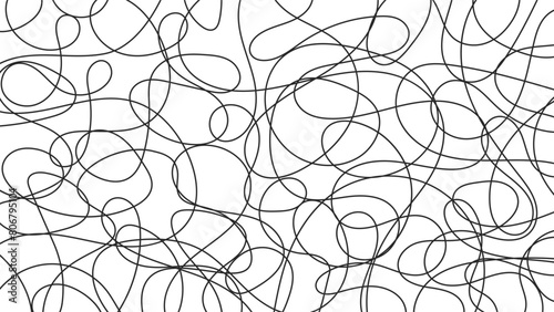 Curvy line black and white background. Hand drawn wavy texture. Freehand grunge backdrop. Minimal design, Vector illustration. 1920x1080 ratio
