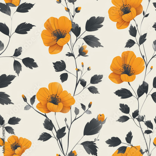 Seamless pattern with small little floral spring orange flowers. Vintage floral foliage  